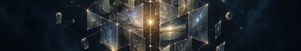 A gold constellation of connected memory fragments on a deep blue background, representing Presence organizing information into understanding.