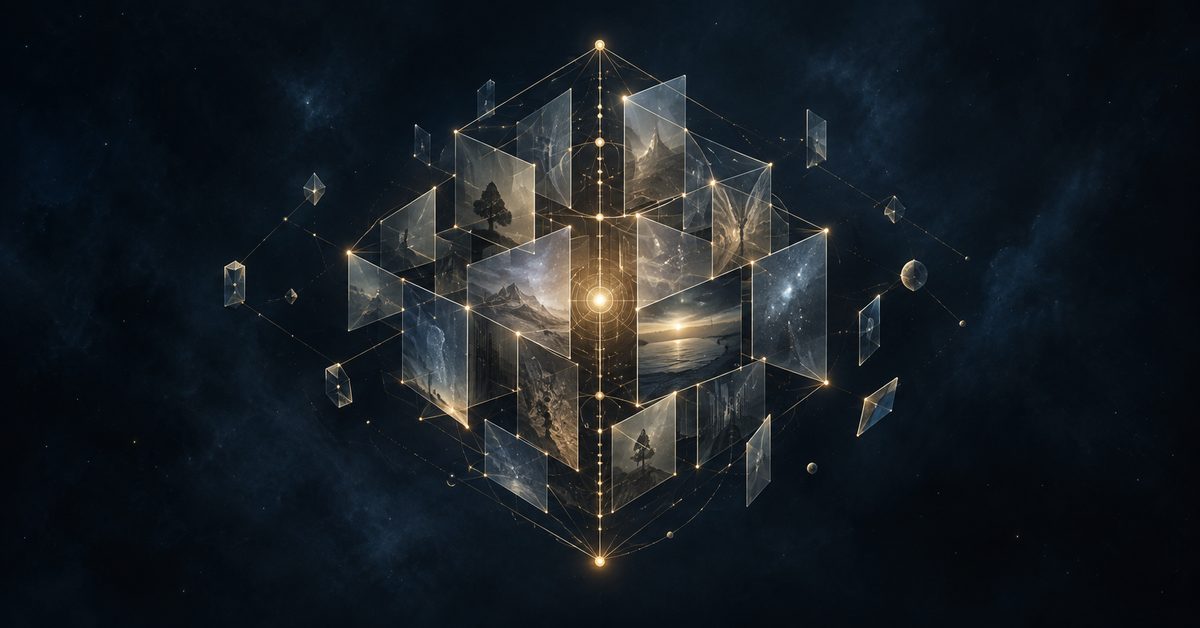 A gold constellation of connected memory fragments on a deep blue background, representing Presence organizing information into understanding.