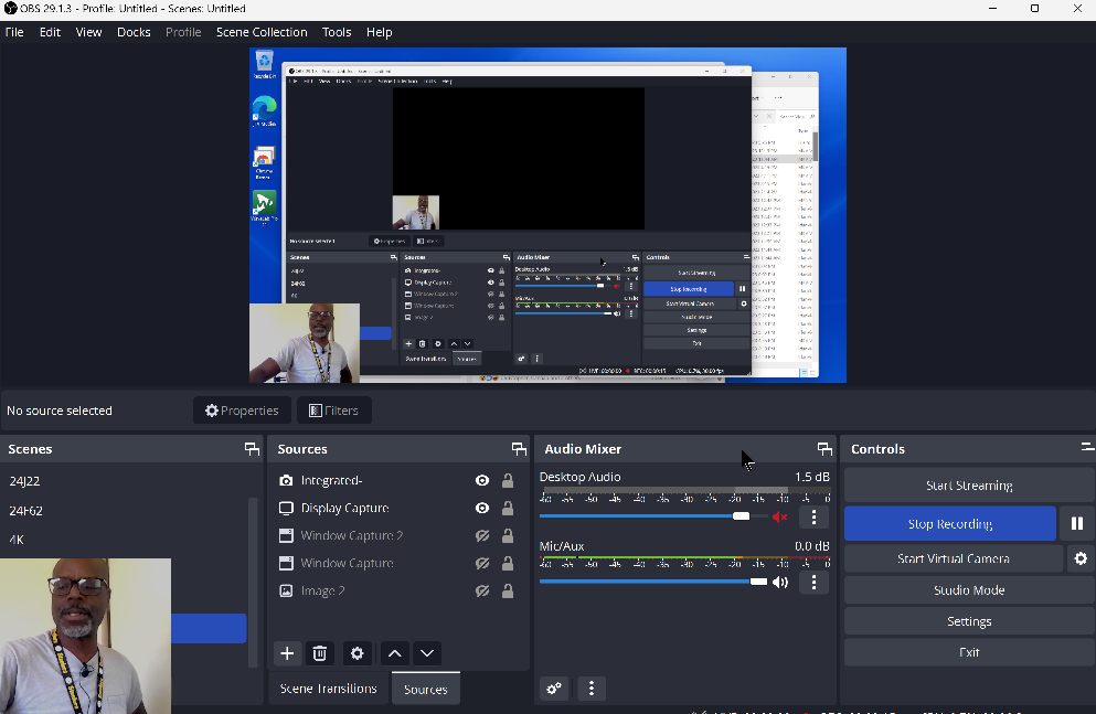 Screenshot of OBS Studio showing the recording interface, audio mixer, and Jeffery in the camera preview.