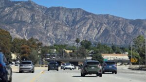 California freeway leading toward the San Gabriel Mountains