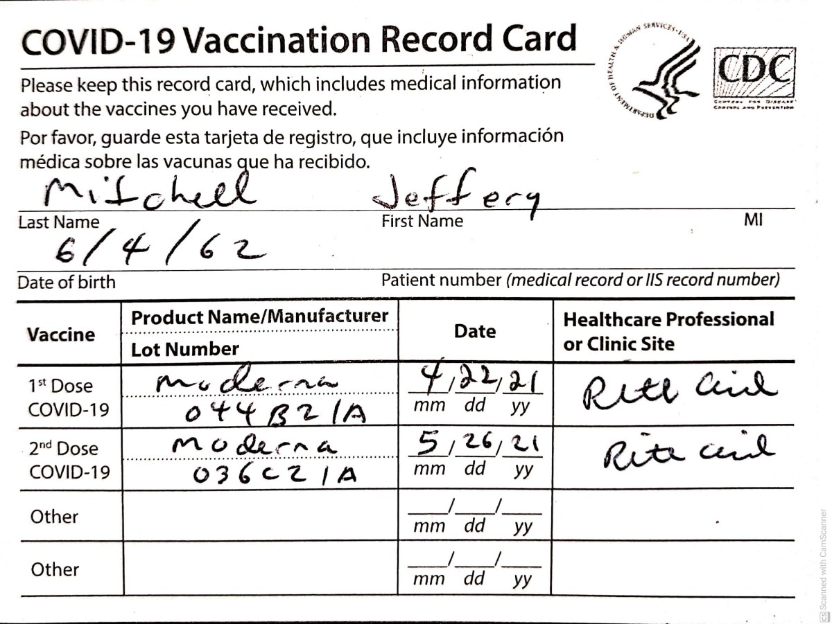 COVID-19 vaccination card from Jeffery's personal photo archive