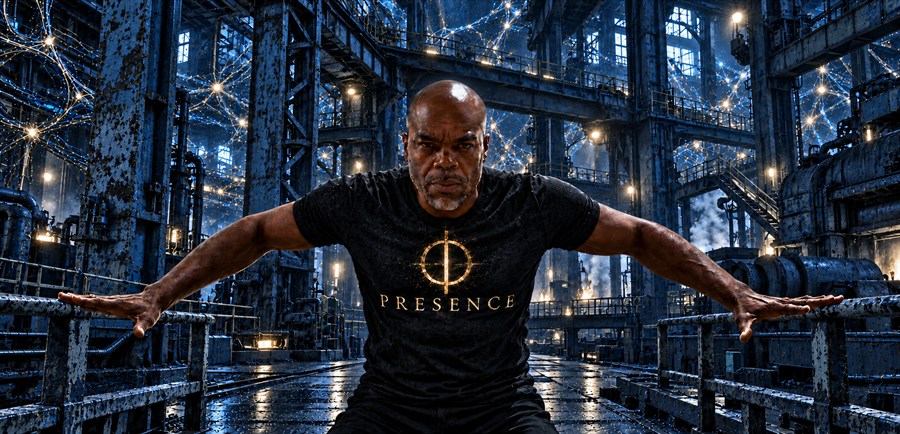 Jeffery in a deep-blue cosmic neurological universe with a glowing brain, neural pathways, and upward architectural forms symbolizing reason, self-direction, and productive work.