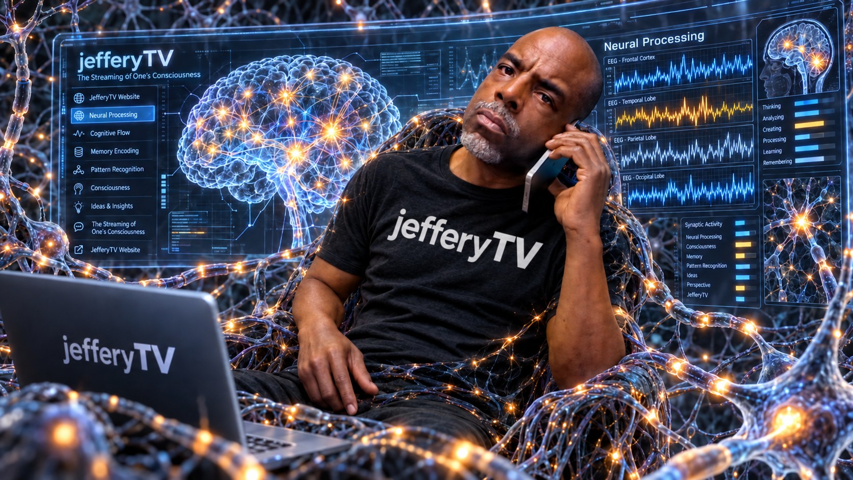 Jeffery wearing a jefferyTV shirt, speaking on a phone in a cosmic neural processing environment with brain imagery and data panels.