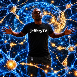 Jeffery inside a colorful universe of neurons and a glowing brain mechanism, wearing a Jeffery TV shirt.