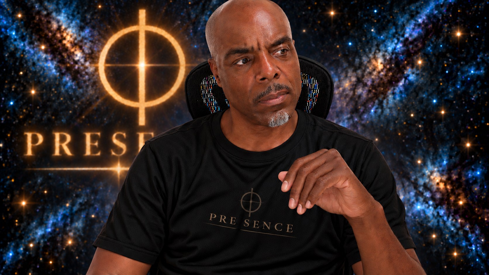 Jeffery seated in a black Presence shirt against a cosmic starfield with the gold Presence logo.