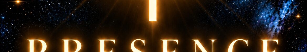 Presence logo with a glowing gold symbol and PRESENCE wordmark over a black-and-blue starfield.