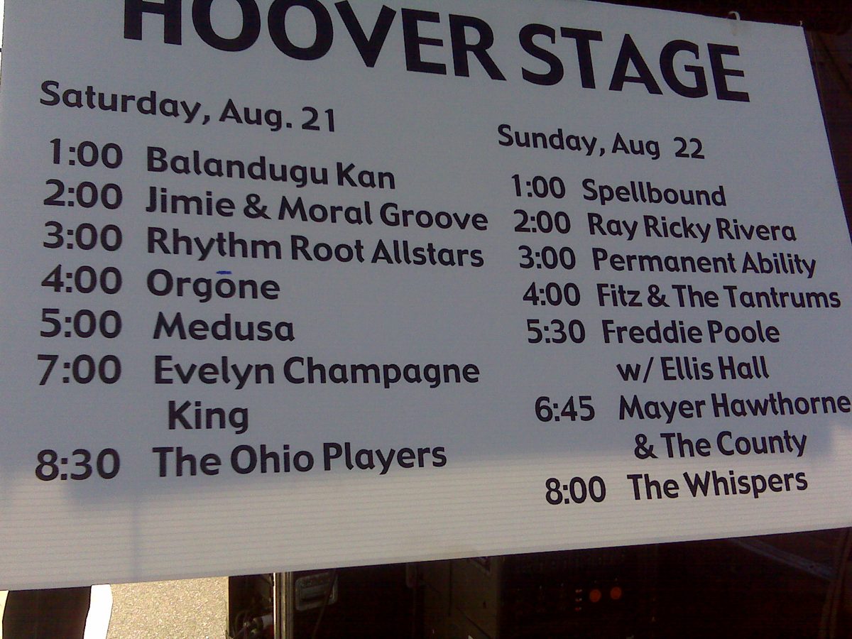 Hoover Stage schedule listing performers for August 21 and 22, including the Ohio Players.