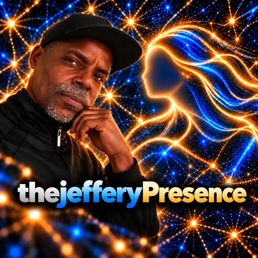 Jeffery beside an abstract blue-and-gold Presence figure